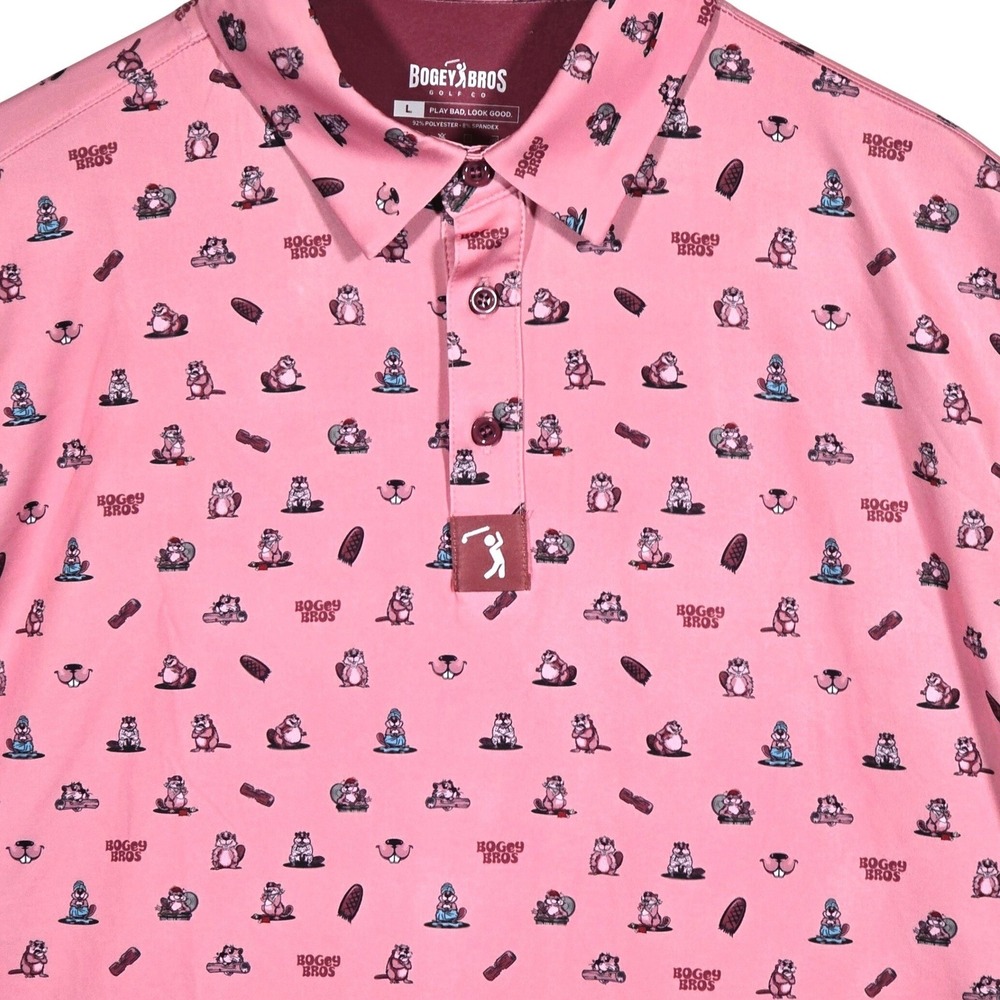 Bogey Bros Dam Beavers Polo Shirt Mens Large Pink All Over Print UPF 50 - Picture 3 of 5
